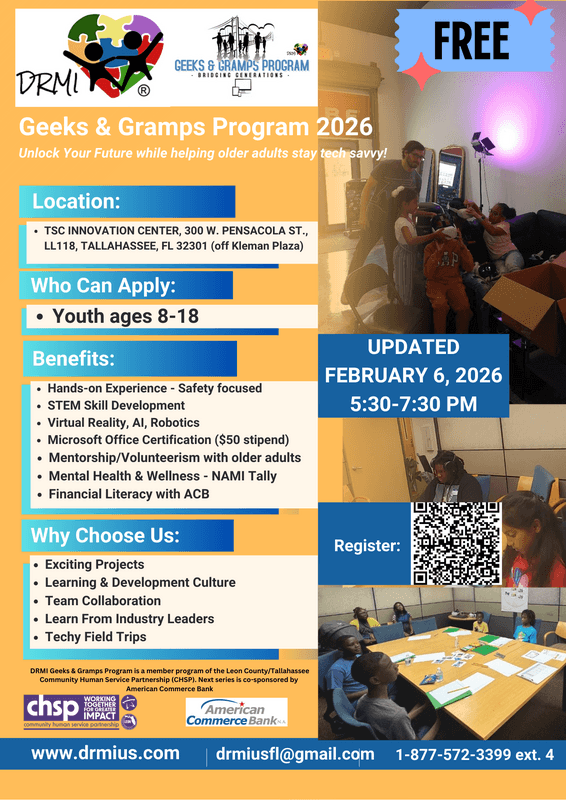 Geeks and Gramps program update flyer.
